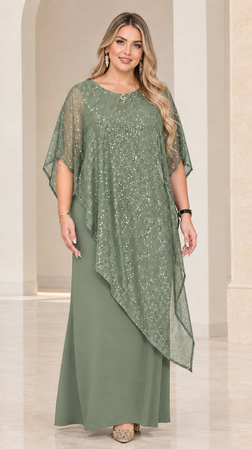 Front view of model wearing Sage Green sequin capelet evening gown