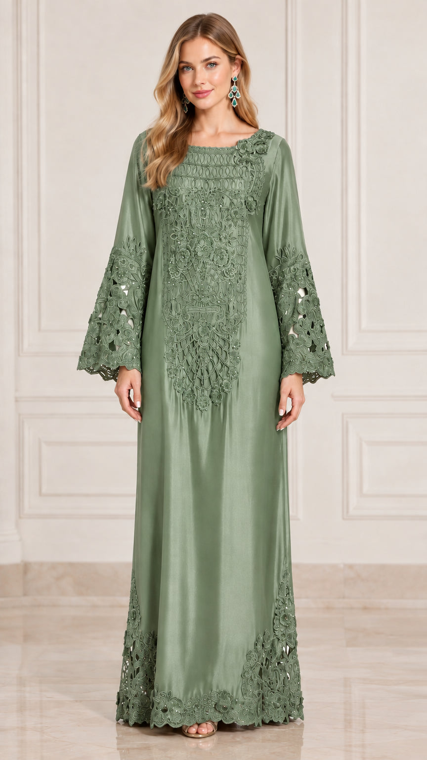 Front view of model wearing sage green embroidered satin bell sleeve maxi dress