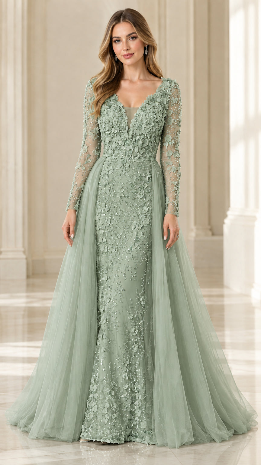 Sage green beaded formal gown with long sleeves and layered tulle skirt
