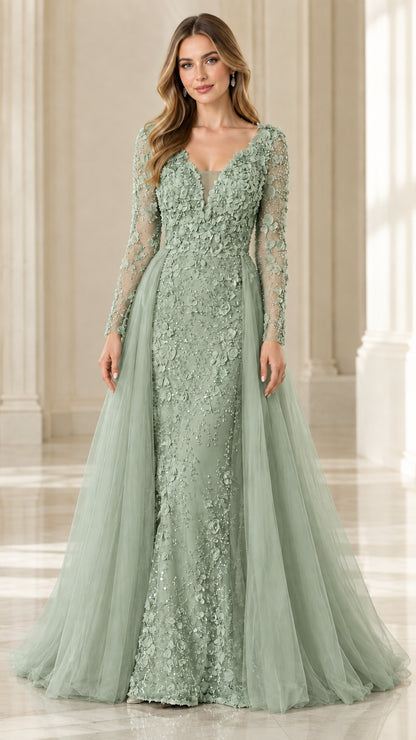 Sage green beaded formal gown with long sleeves and layered tulle skirt