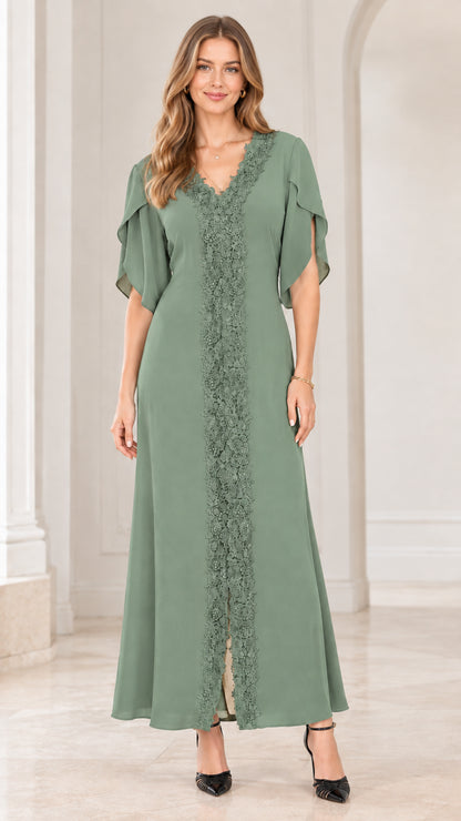 Full front view of model wearing sage green lace applique evening dress