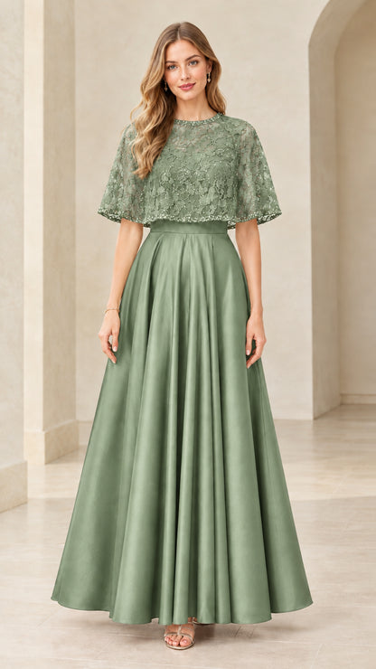 Sage Green capelet evening maxi dress with beaded lace top