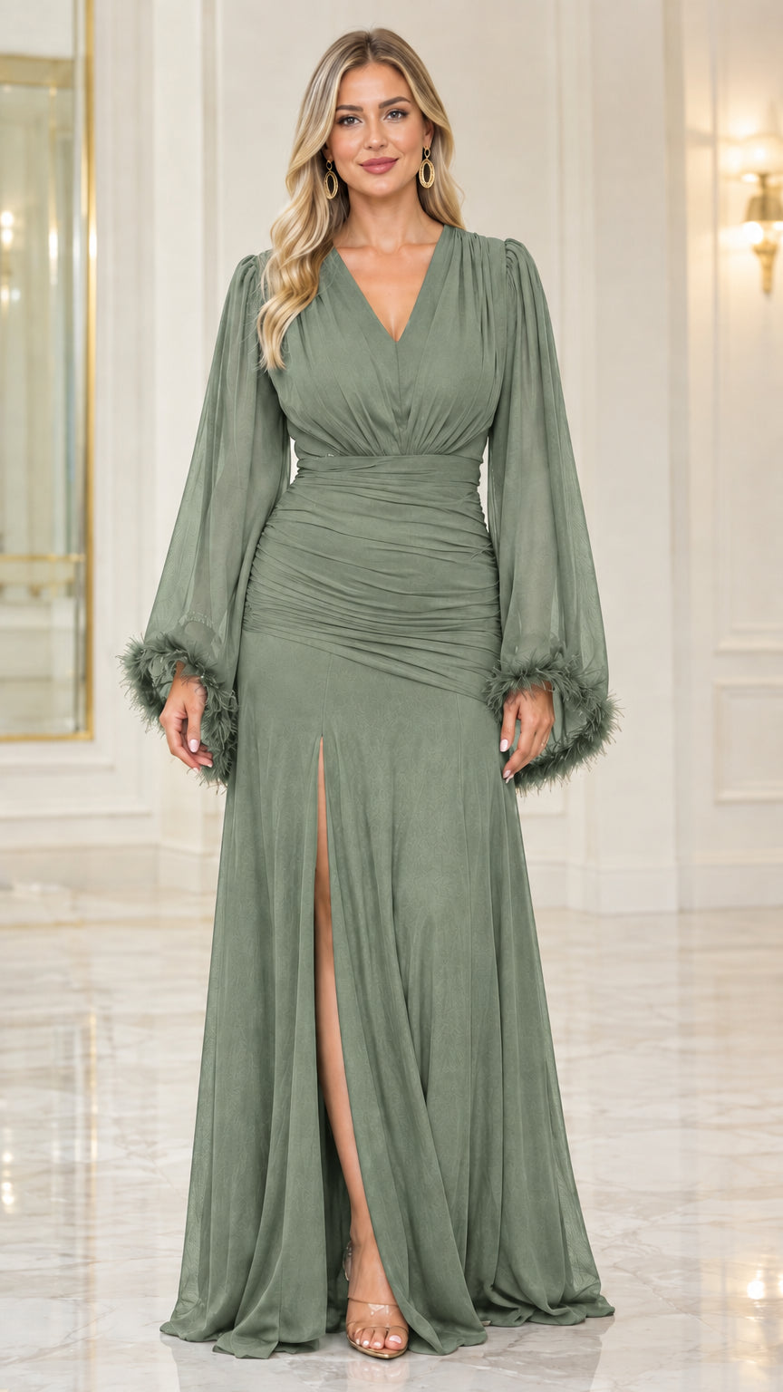 Front view of sage green elegant V-neck evening dress with feather trim