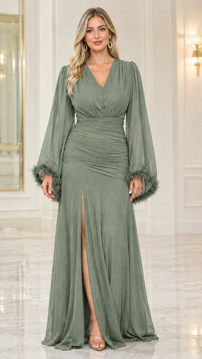 Front view of sage green elegant V-neck evening dress with feather trim
