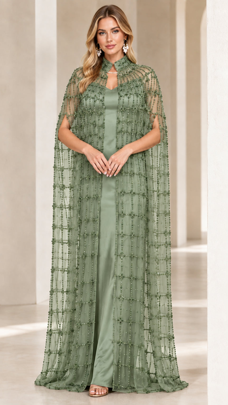 Sage green floor-length formal gown featuring beaded cape design