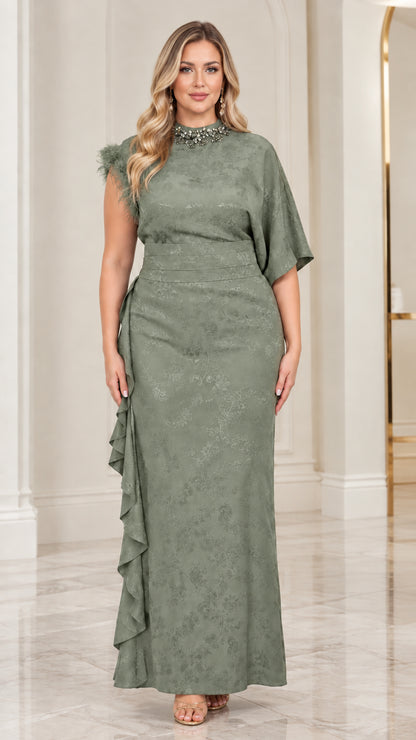 Sage Green jacquard maxi gown featuring draped sleeve and side cascading ruffle
