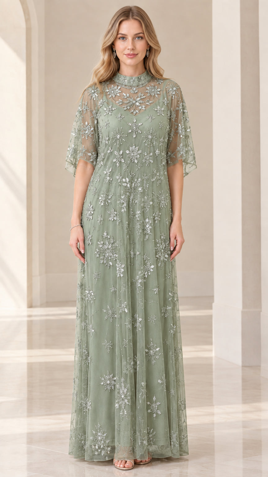 Front view of woman wearing sage green embellished flutter sleeve evening gown
