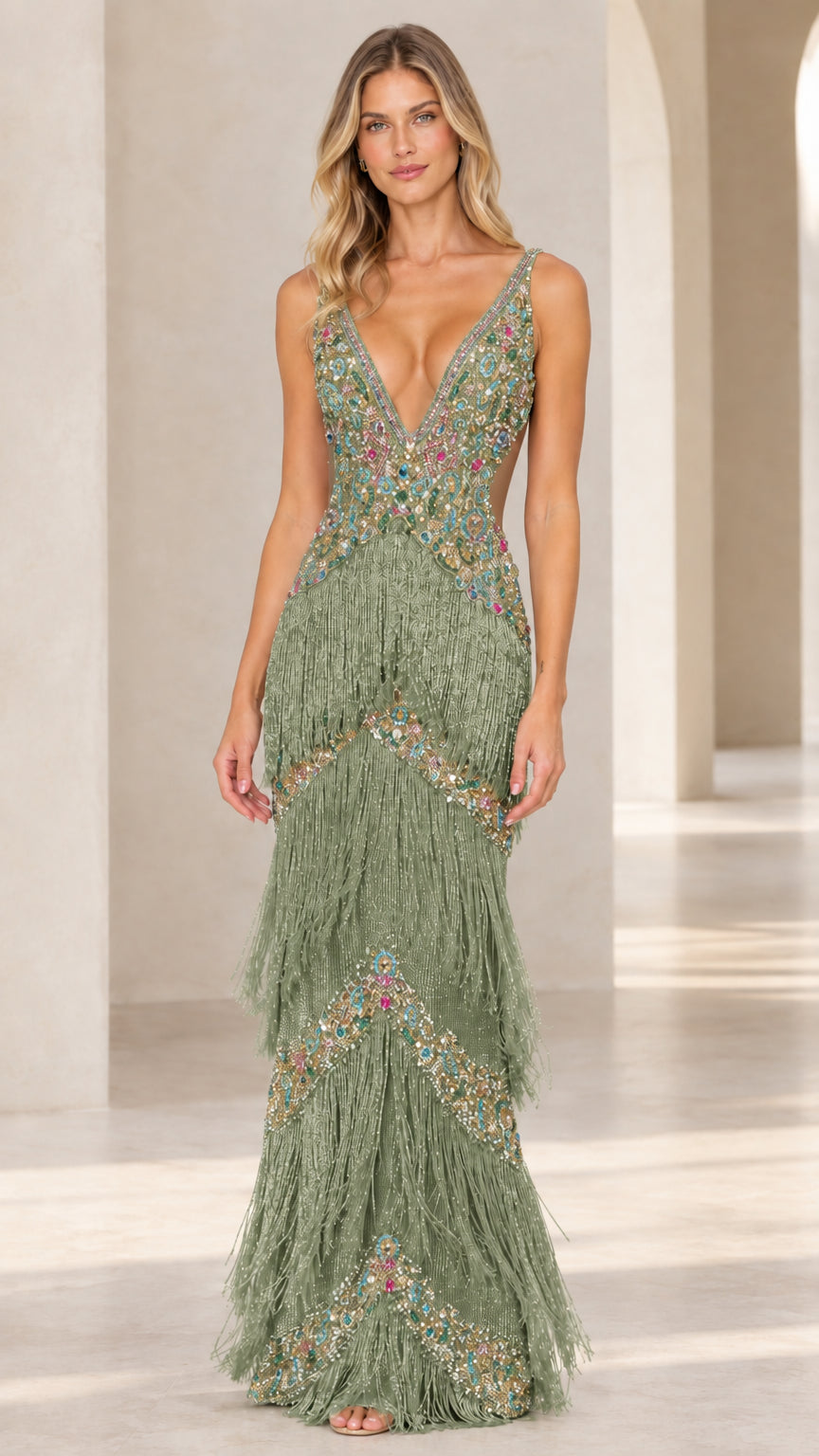 Sage green beaded evening gown with tiered fringe and open back