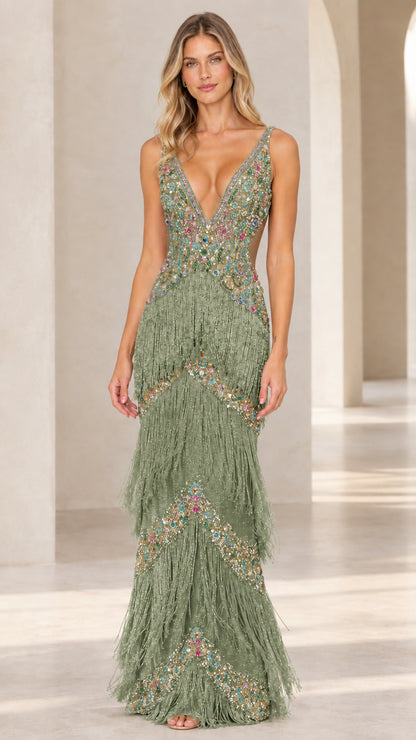 Sage green beaded evening gown with tiered fringe and open back