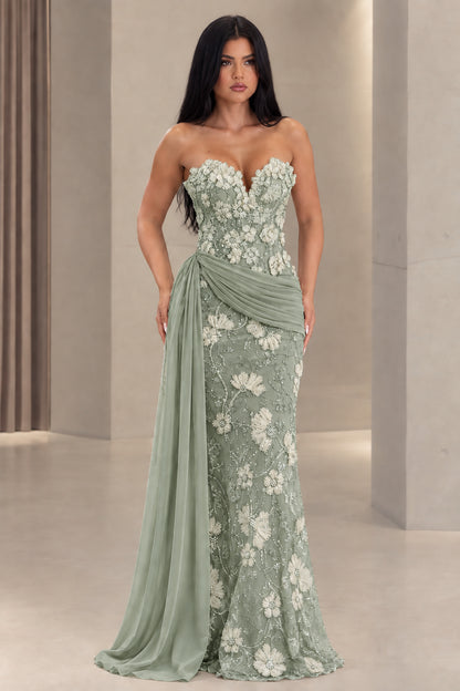 Sage green strapless 3D floral applique evening gown with cascading waist drape