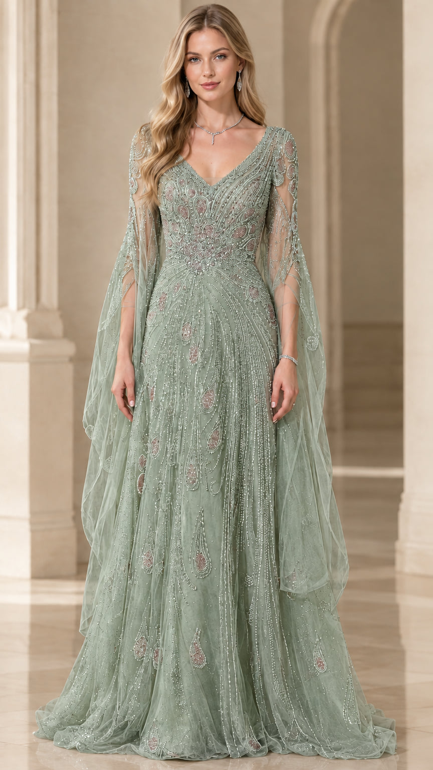 Full-length front view of sage green beaded formal gown with draped sleeves