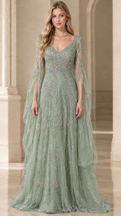 Full-length front view of sage green beaded formal gown with draped sleeves
