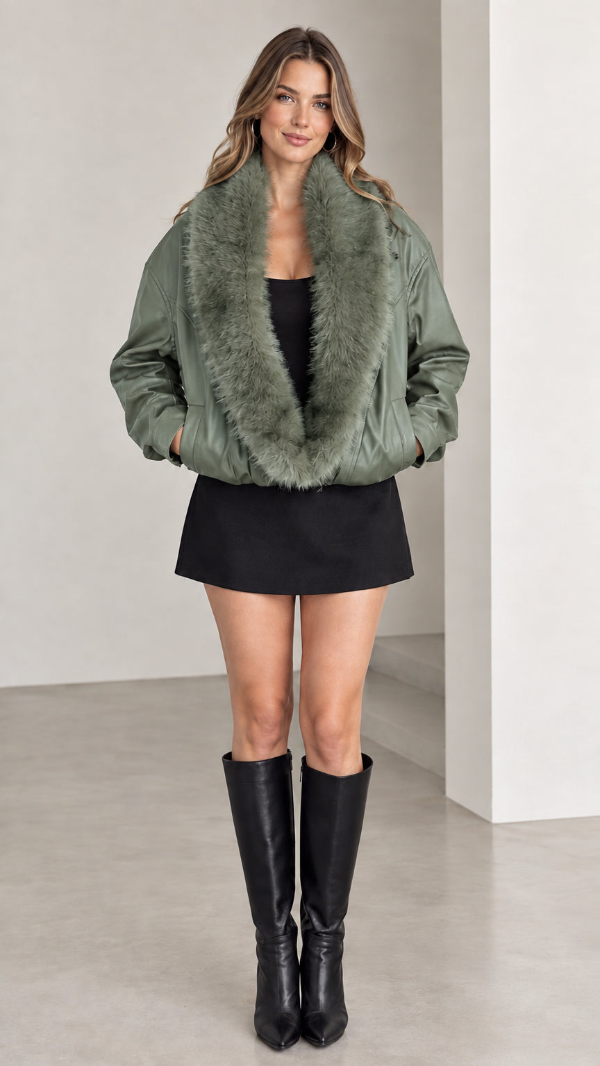 Model wearing sage green faux leather bomber jacket with plush fur collar
