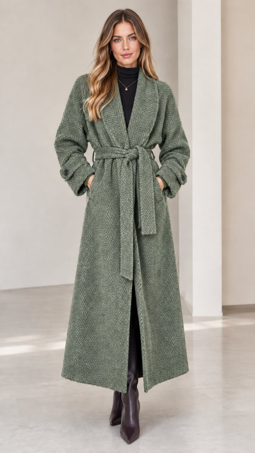 Front view of woman wearing sage green herringbone maxi wrap coat