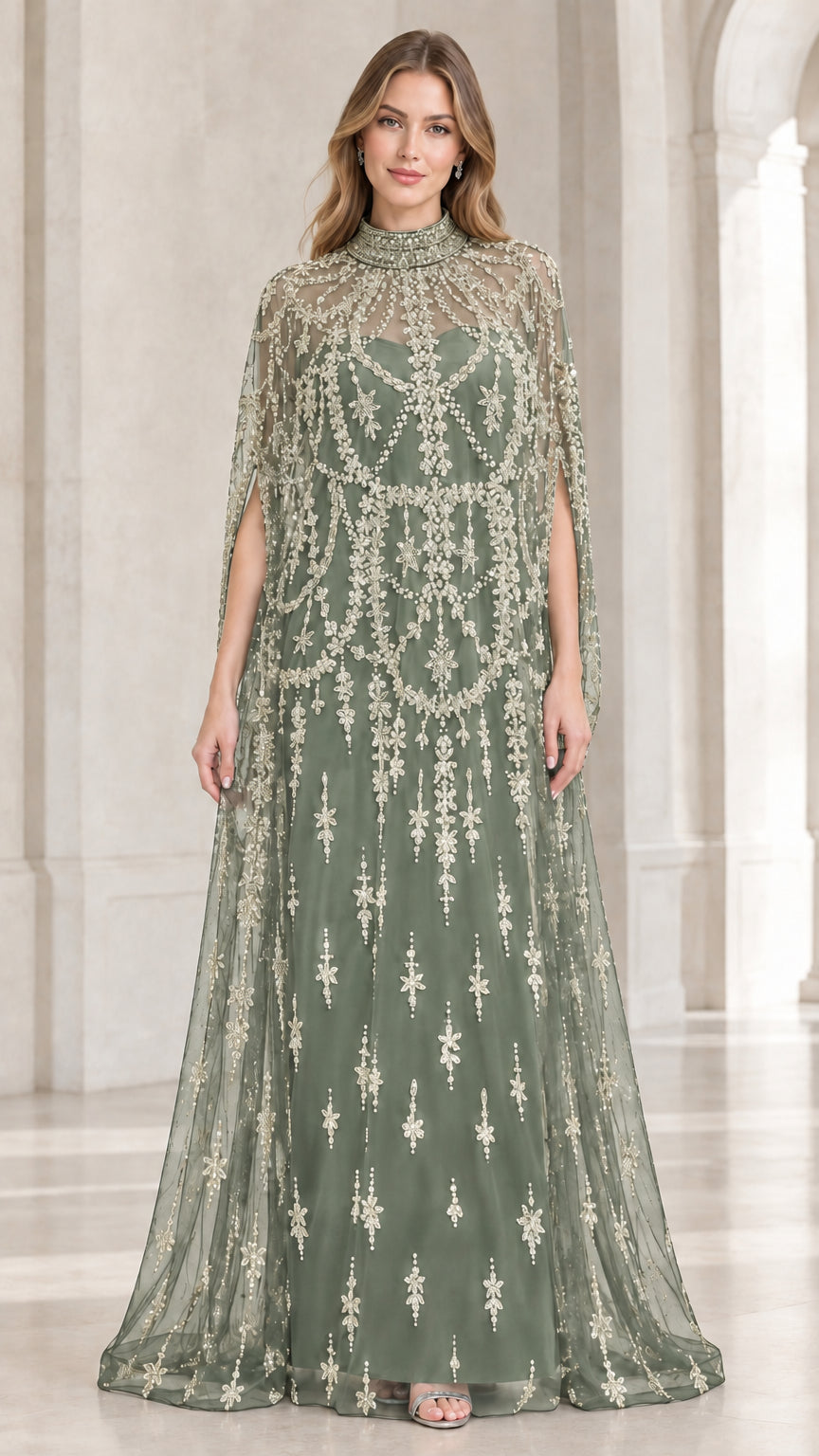 Sage green high-neck evening gown with ornate metallic embroidery