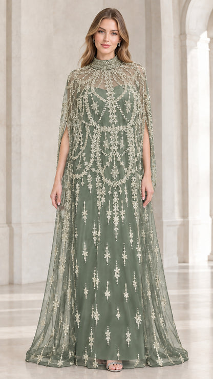 Sage green high-neck evening gown with ornate metallic embroidery