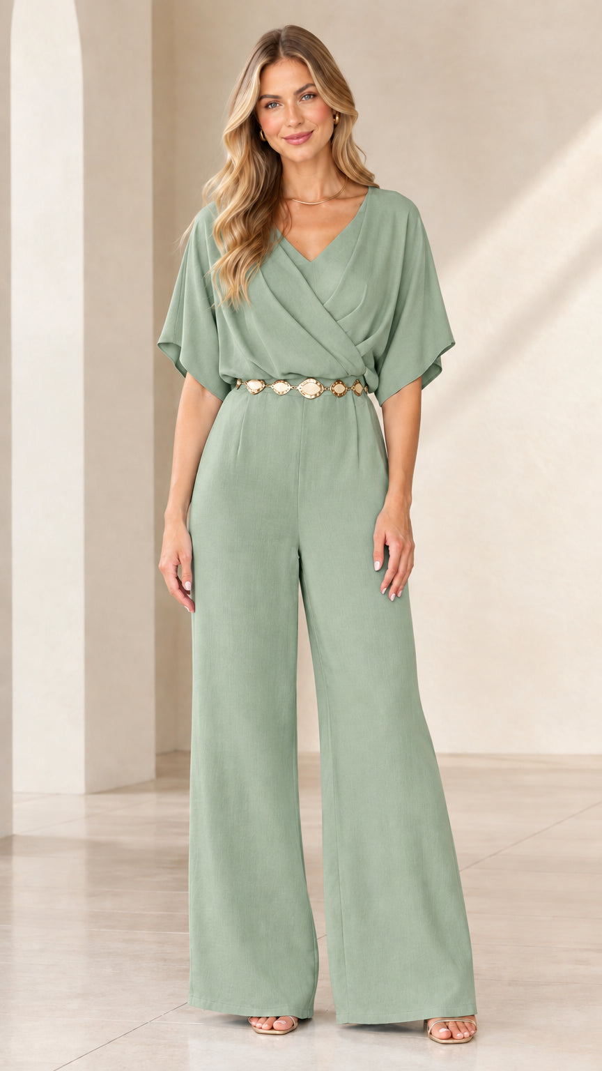 Sage green draped wrap V-neck wide-leg jumpsuit