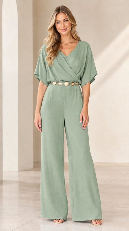 Sage green draped wrap V-neck wide-leg jumpsuit