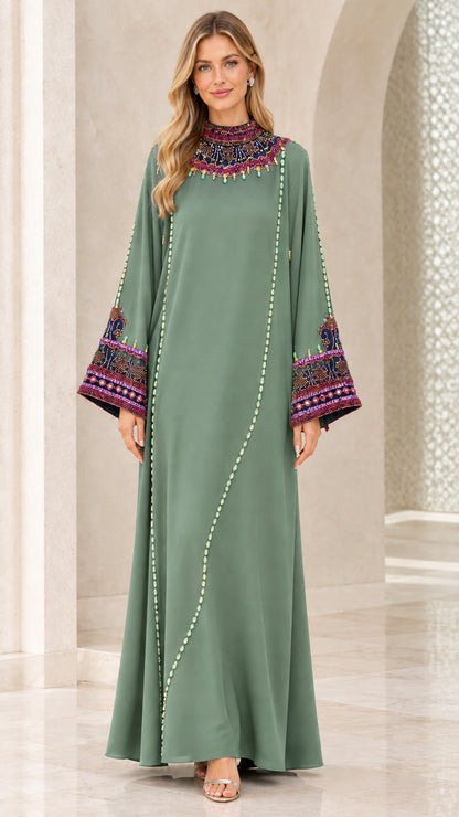 Sage green beaded high neck long sleeve kaftan dress