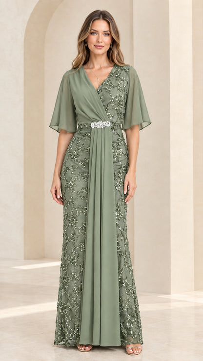 Sage green sequin-embroidered chiffon evening gown with crystal waist accent