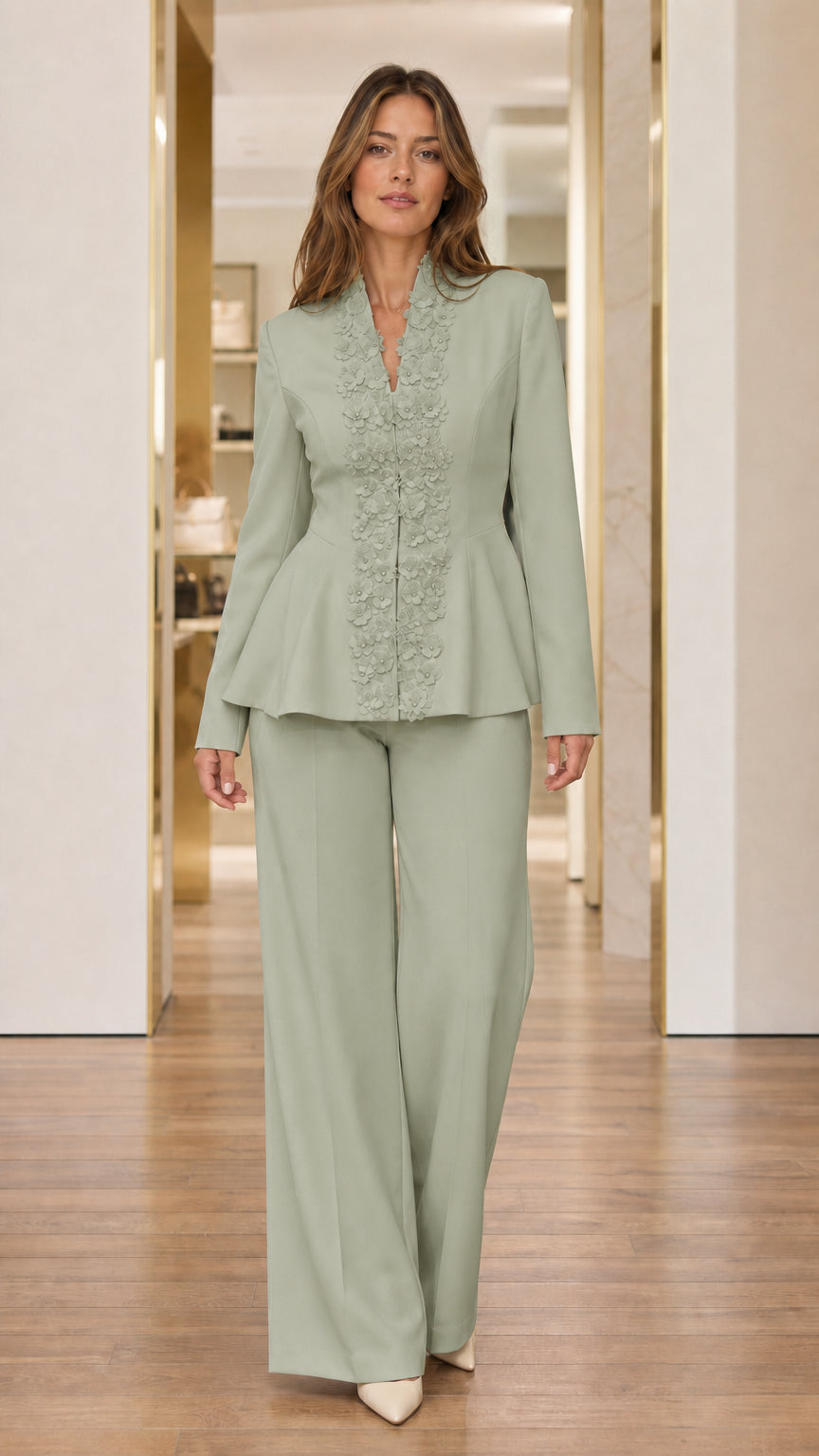 Sage green beaded peplum blazer and tailored wide-leg trousers set