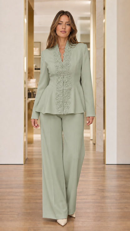 Sage green beaded peplum blazer and tailored wide-leg trousers set