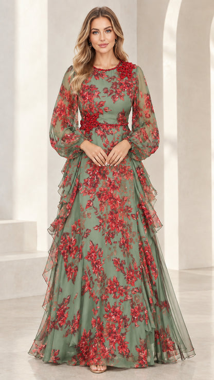 Sage green and red floral chiffon formal dress with balloon sleeves