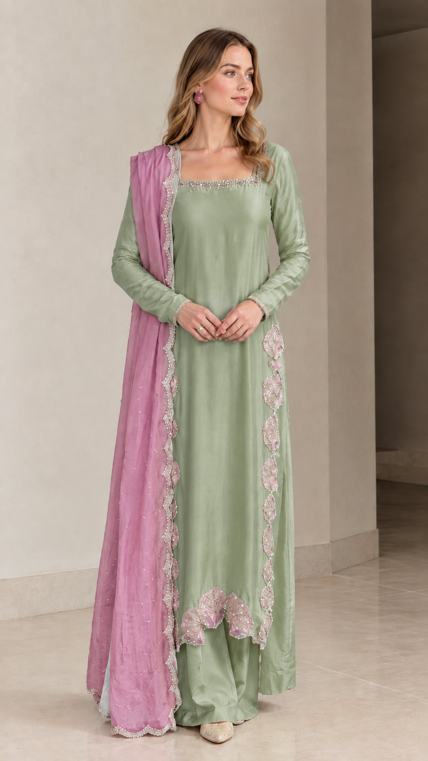Model wearing Sage Green embroidered formal kurta set with delicate trim