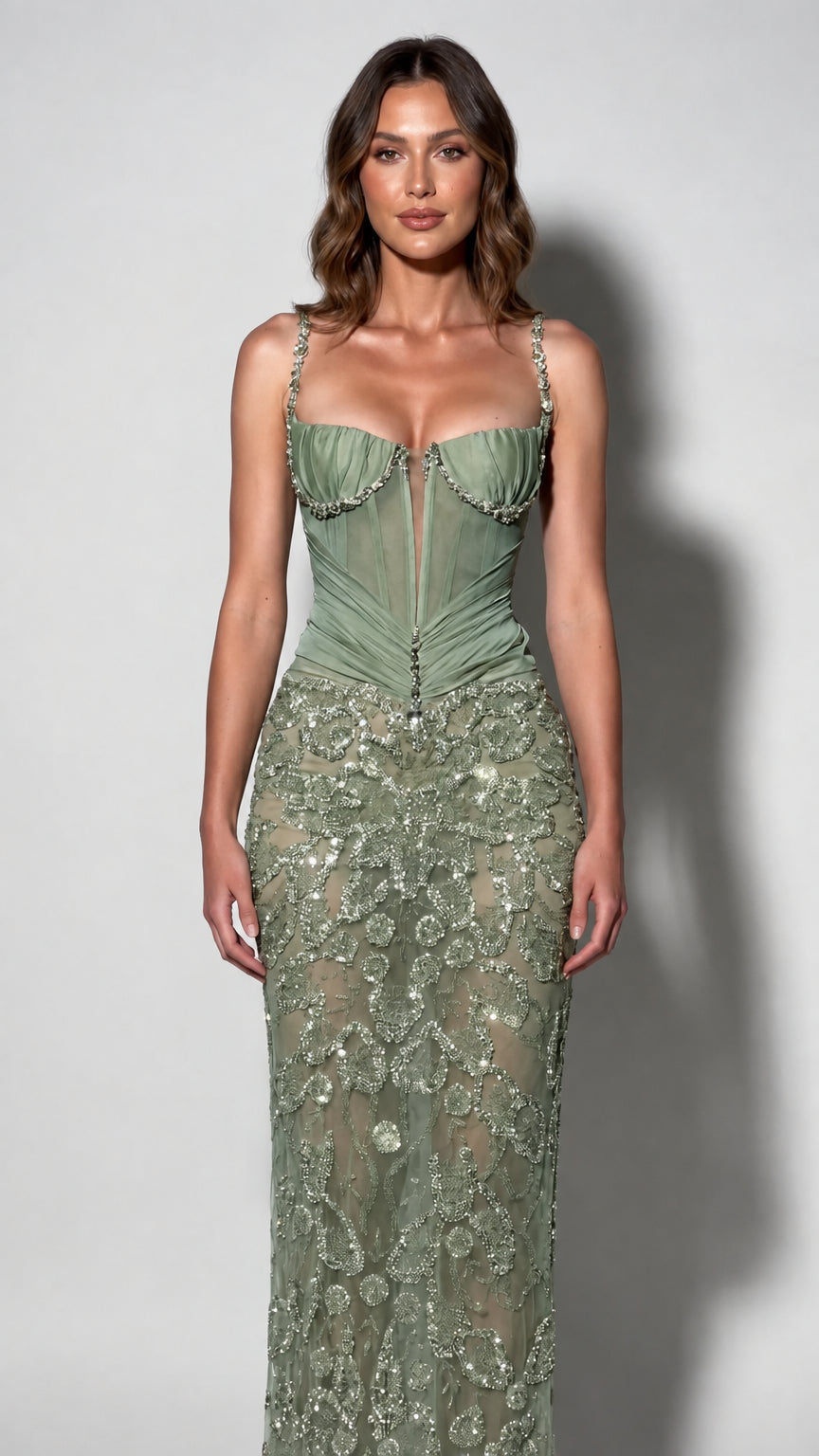 Sage green embellished corset evening gown on model