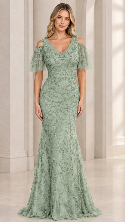 Sage green embroidered beaded cold-shoulder formal dress