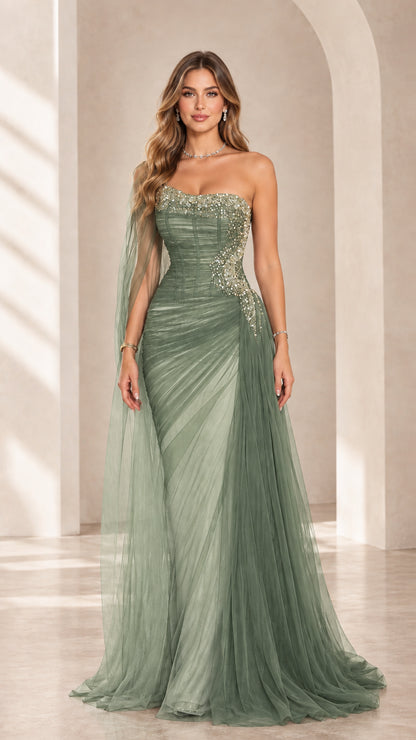 Sage green strapless embellished corset evening gown with sheer side cape