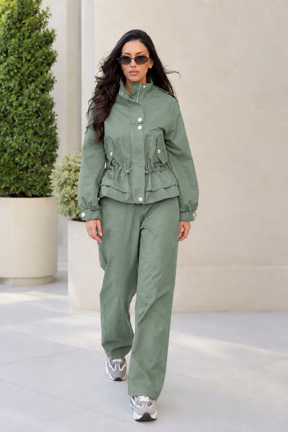Front view of model wearing Sage Green matching utility jacket and relaxed pants set