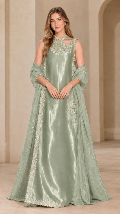 Full-length view of sage green satin evening gown with beaded accents and matching wrap