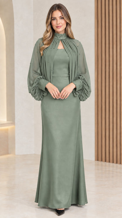 Front view of sage green cape overlay formal maxi dress