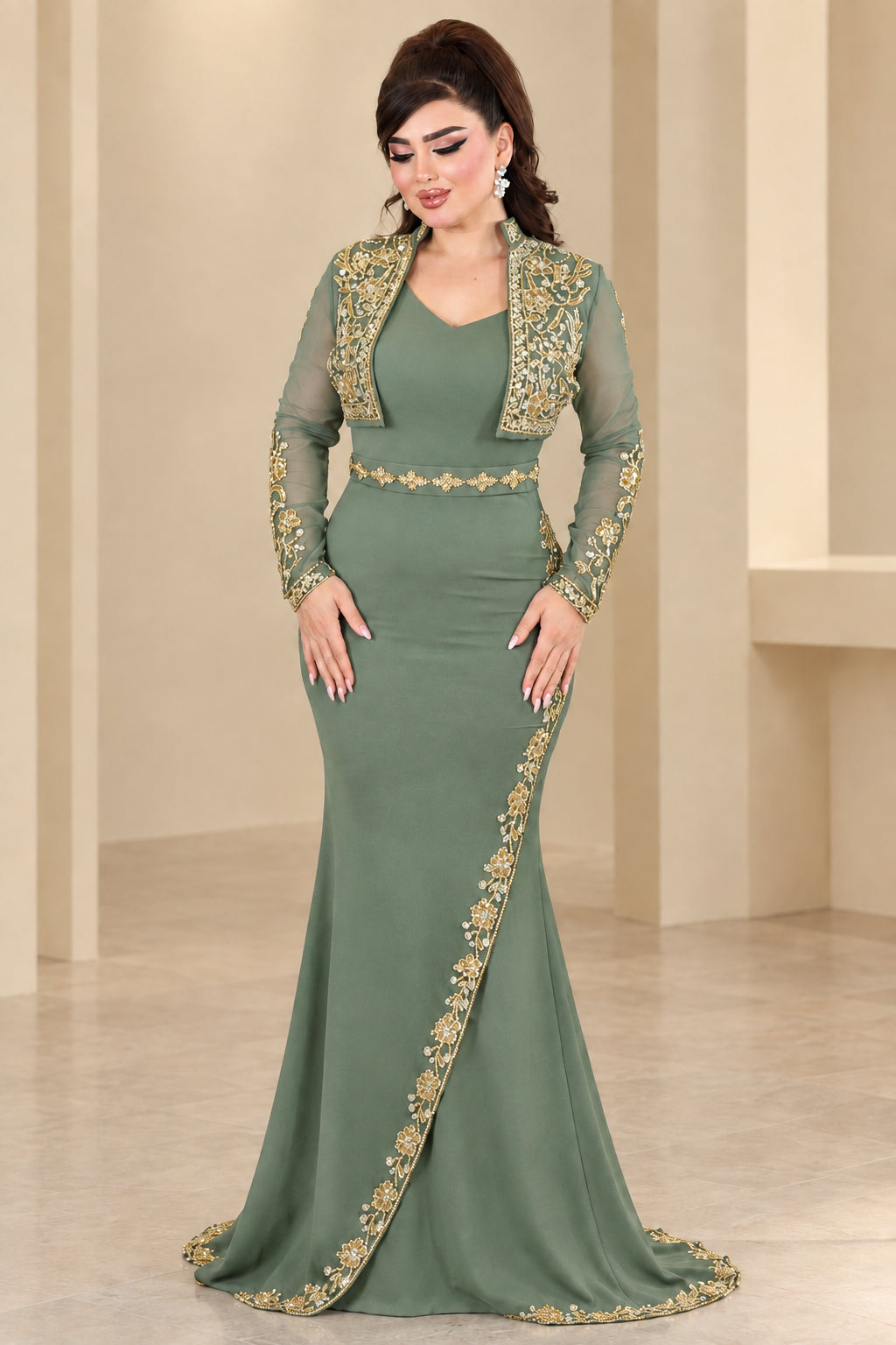 Sage green floor-length formal gown set with intricate gold embroidery