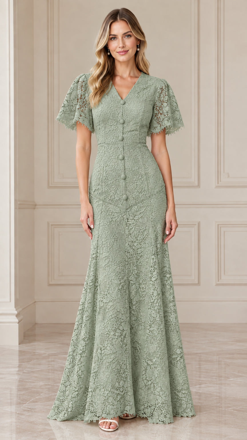 Front view of woman wearing sage green floral lace flutter sleeve mermaid gown