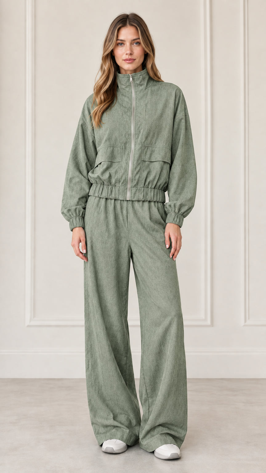 Front full-length view of woman wearing Sage Green zip-up jacket and wide-leg pants set