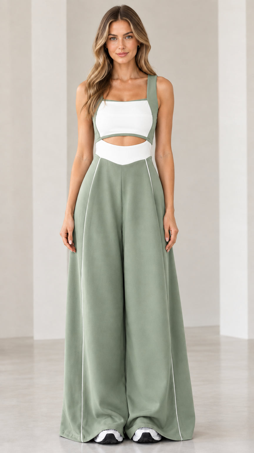 Front view of woman wearing sage green colorblock cutout wide-leg jumpsuit