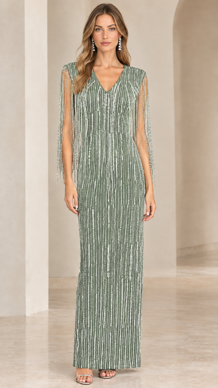 Front view of sage green beaded fringe evening gown