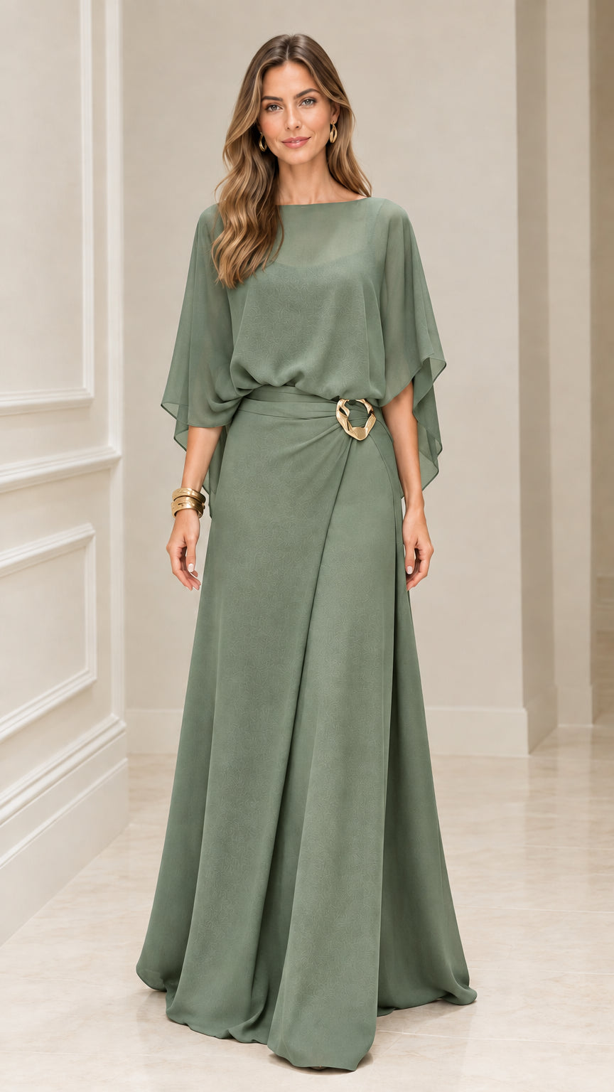 Front view of Sage Green boat neck maxi dress with capelet sleeves
