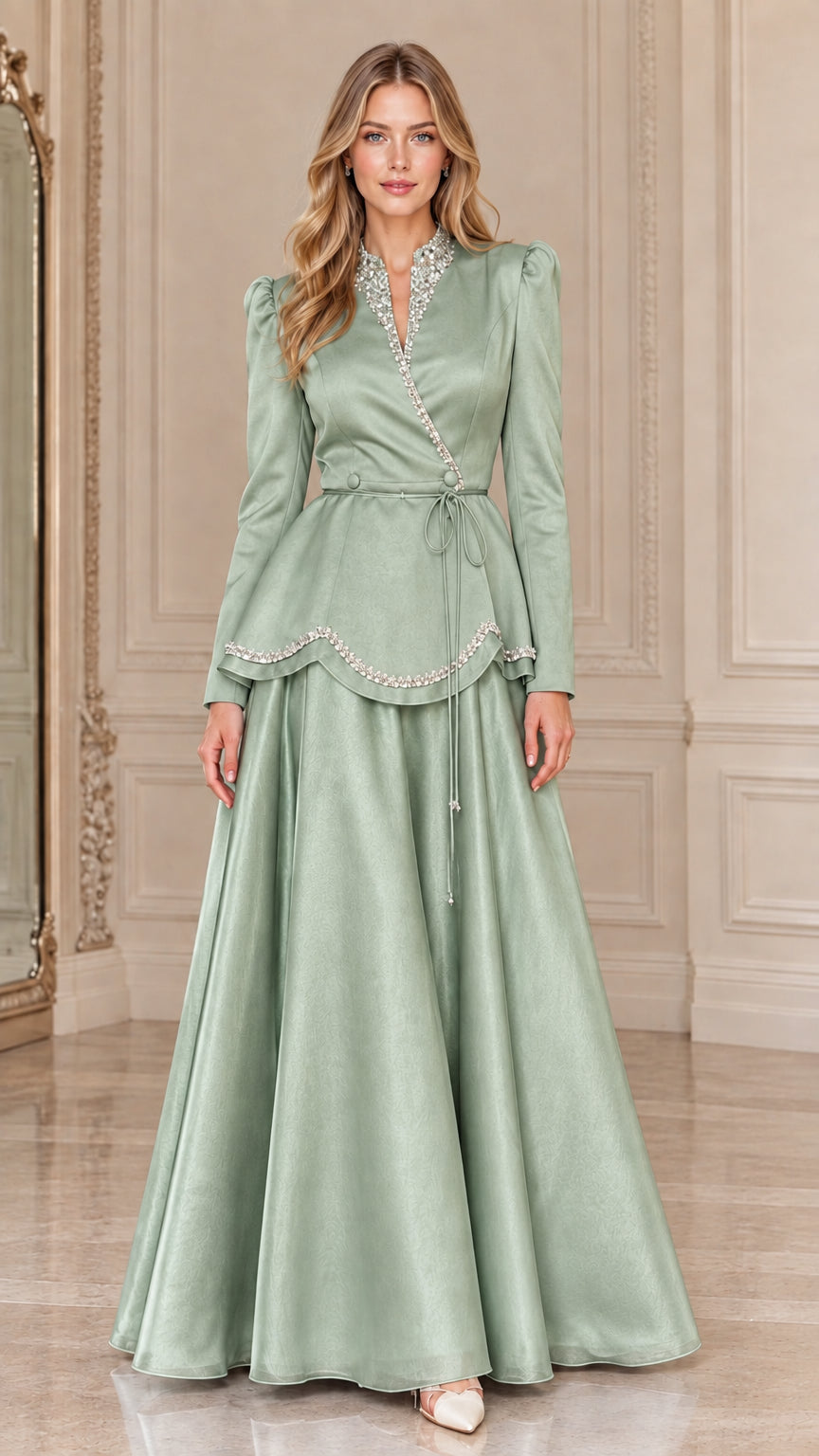 Full-length front view of Sage Green wrap-style peplum evening gown