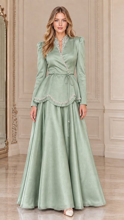 Full-length front view of Sage Green wrap-style peplum evening gown