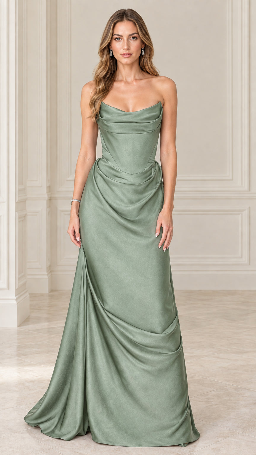 Model wearing sage green strapless satin corset draped maxi dress