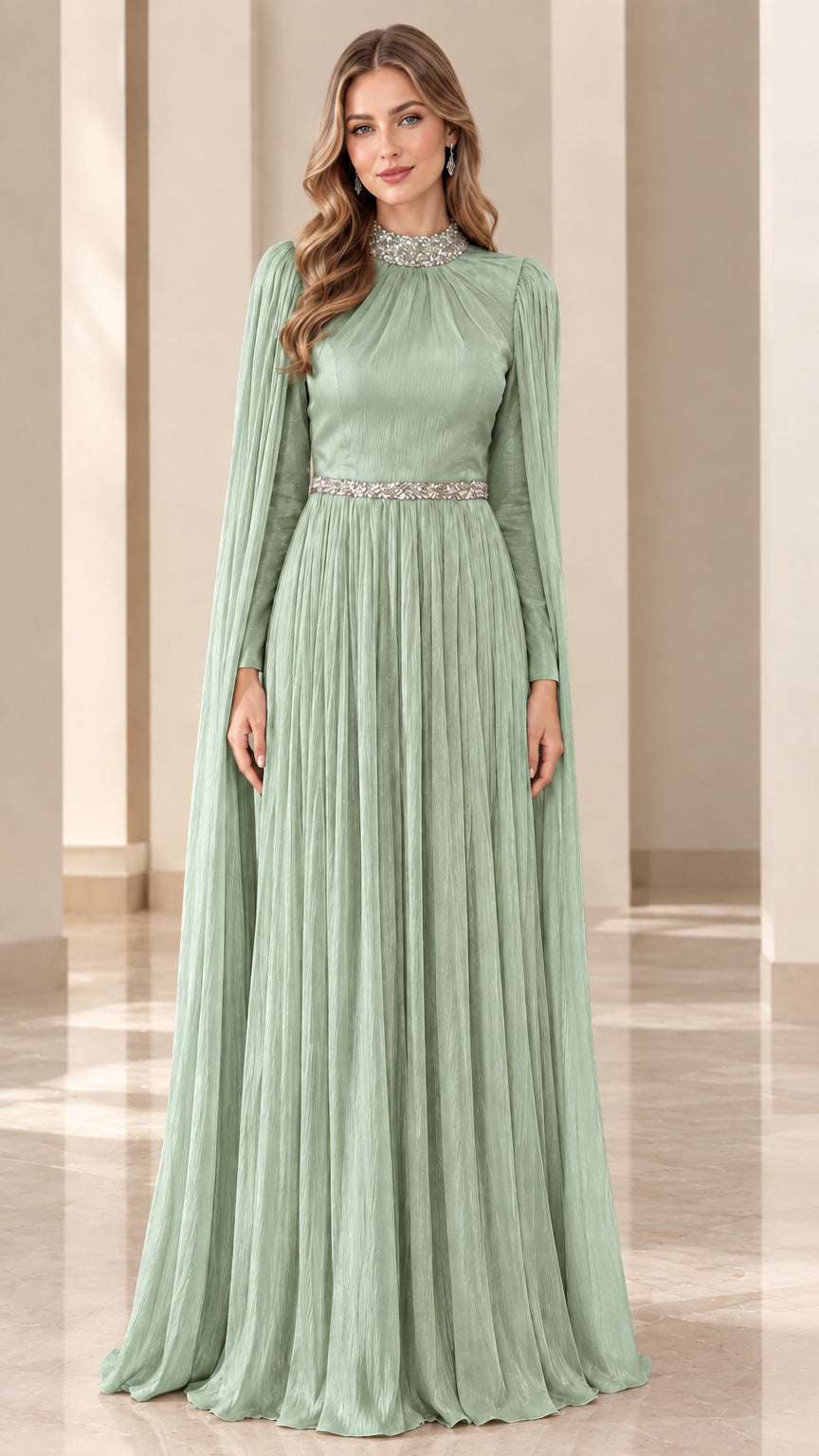 Front view of sage green pleated cape sleeve floor-length formal gown