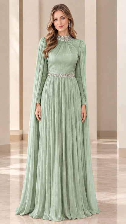 Front view of sage green pleated cape sleeve floor-length formal gown