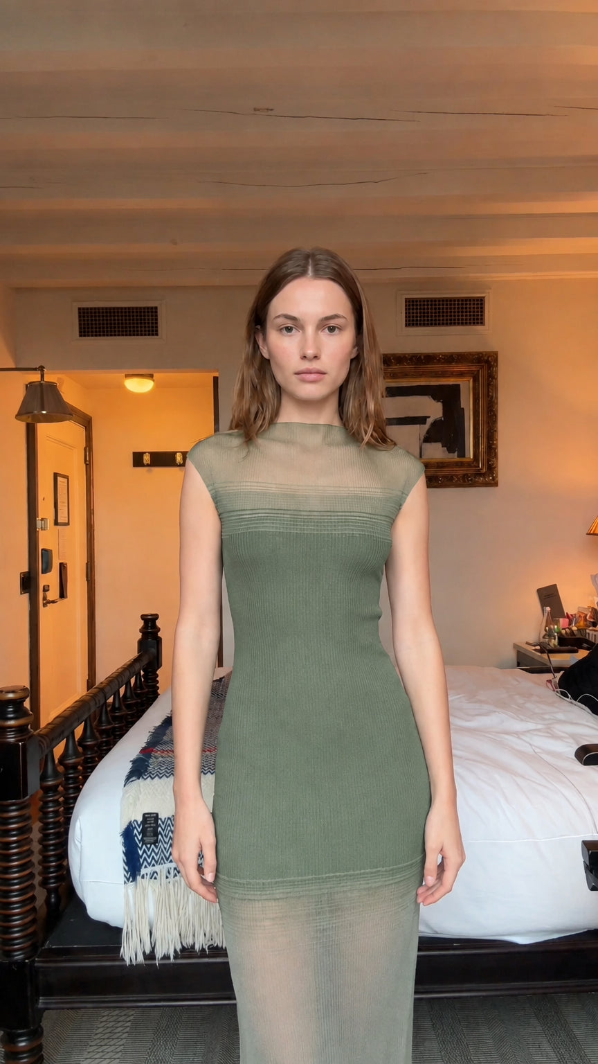 Front view of model wearing sage green illusion sleeveless ribbed knit maxi dress