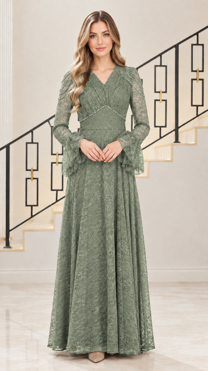 Front view of sage green beaded lace evening dress
