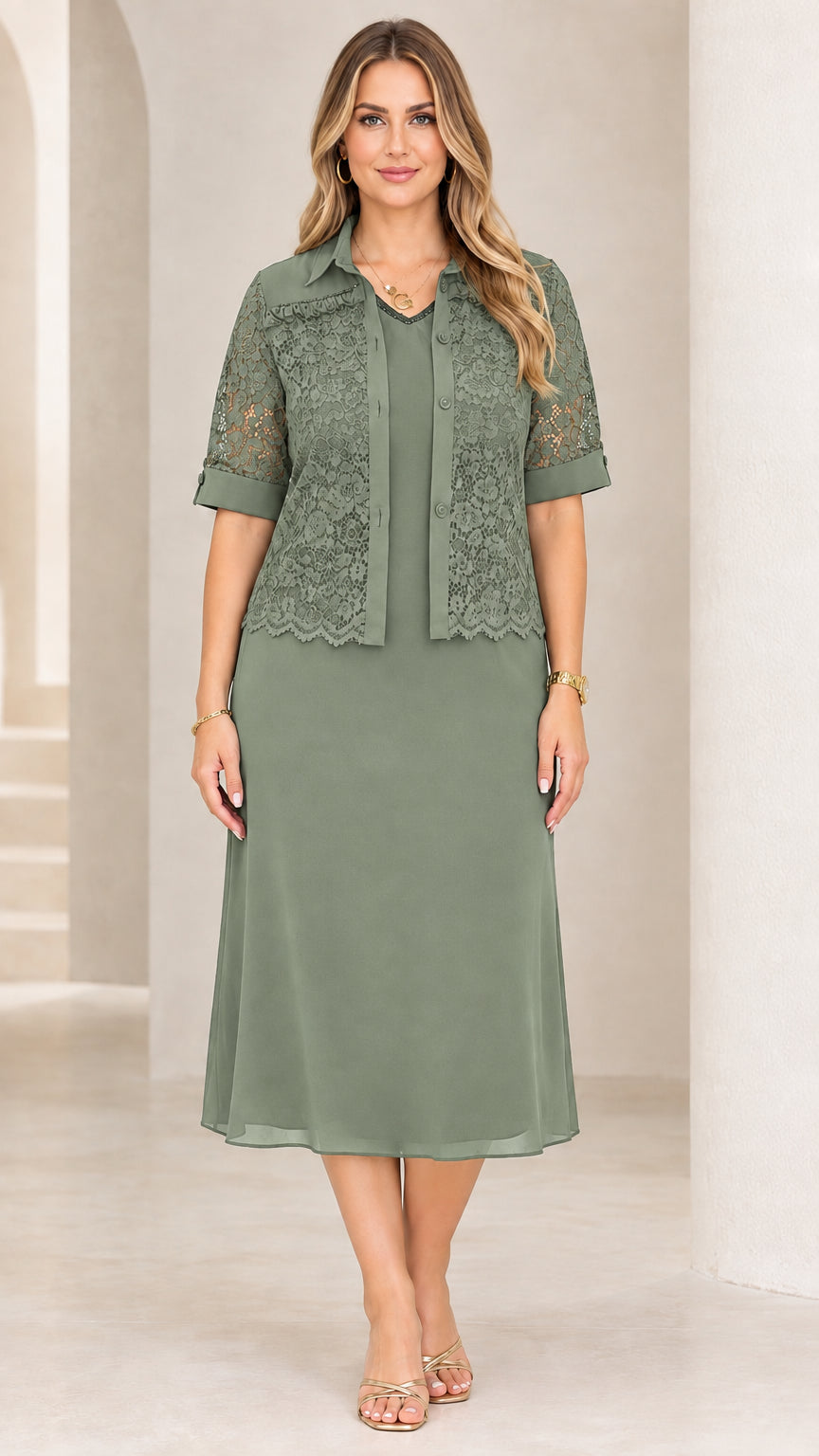 Sage Green elegant midi dress set with floral lace jacket