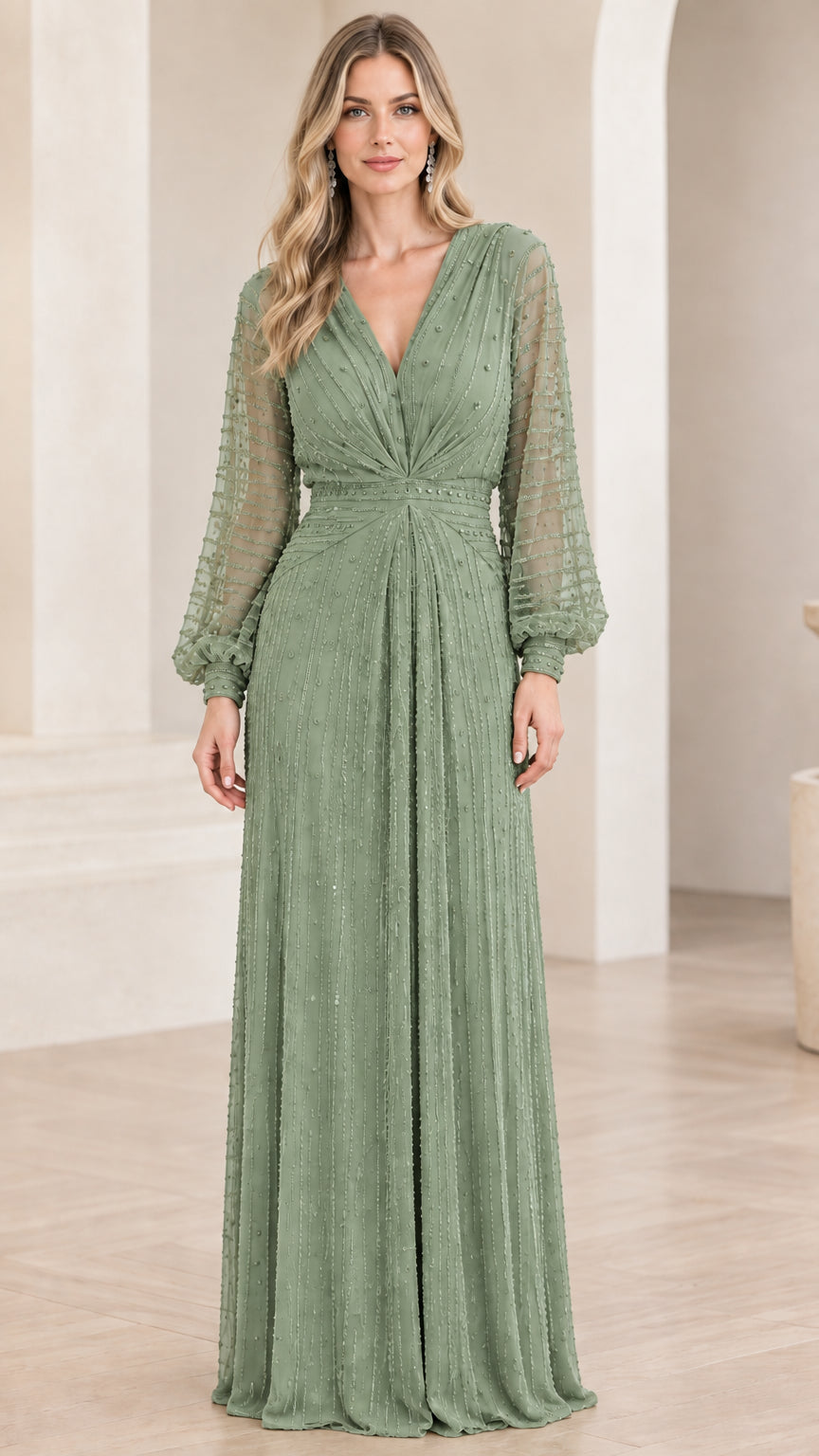 Front view of sage green long sleeve pleated formal maxi dress