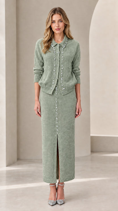 Sage green rhinestone embellished knit cardigan and maxi skirt set